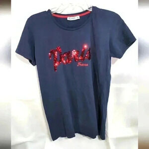 Ladies Air De Paris Sequined shirt 100% cotton sz XL Navy Blue